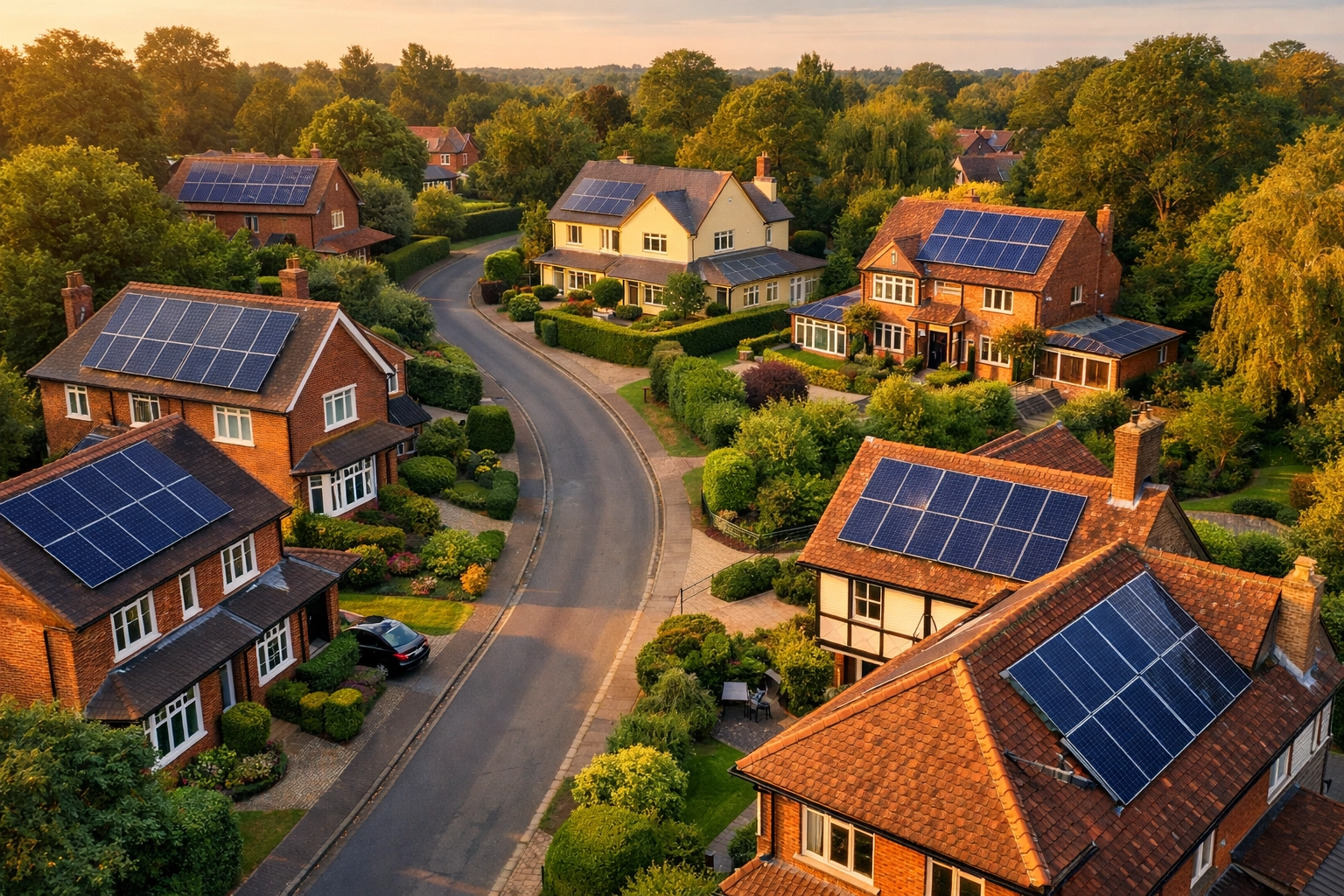 Aerial view of multiple residential solar panel installations in a Wiltshire community.