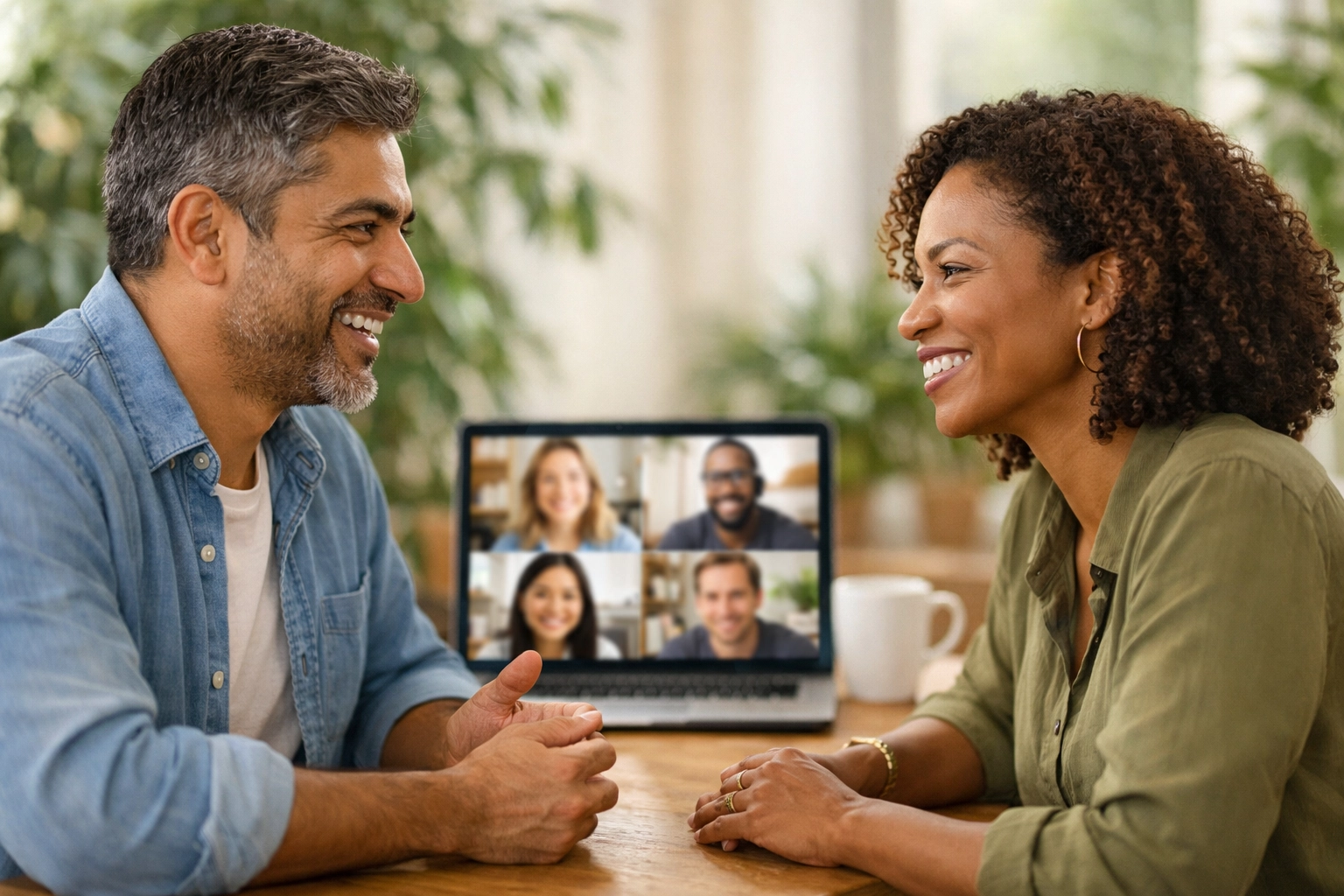 Hybrid work team building relationship culture with remote and in-person colleagues connecting