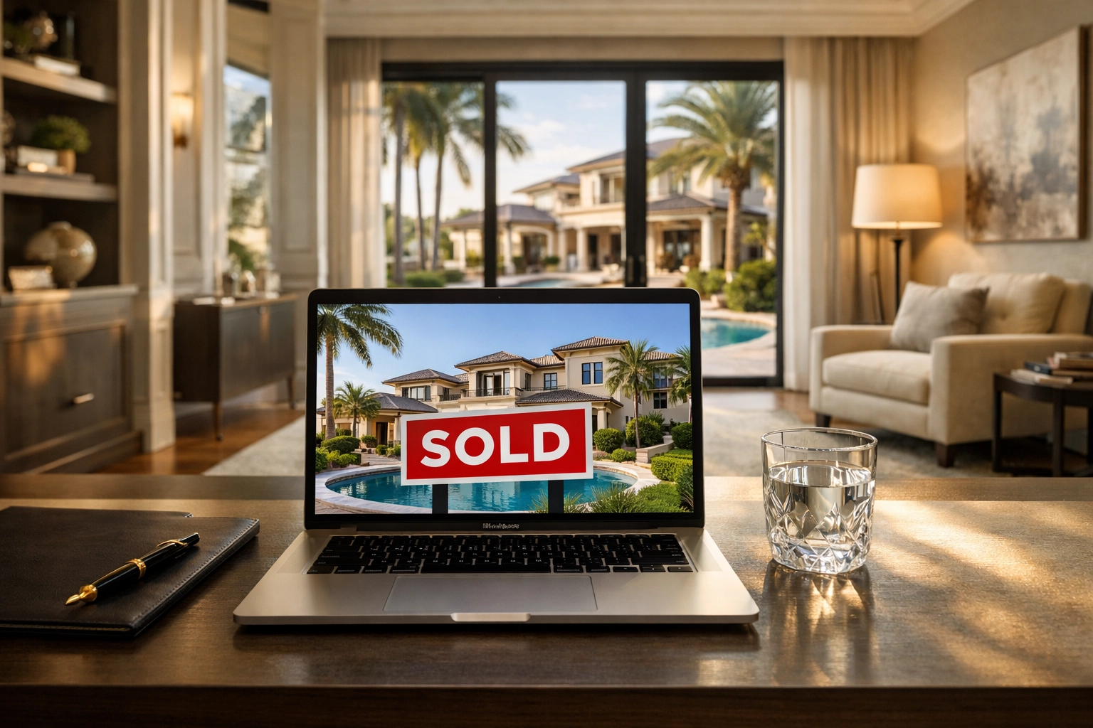 Modern luxury Florida home office showing a sold property on a laptop screen.
