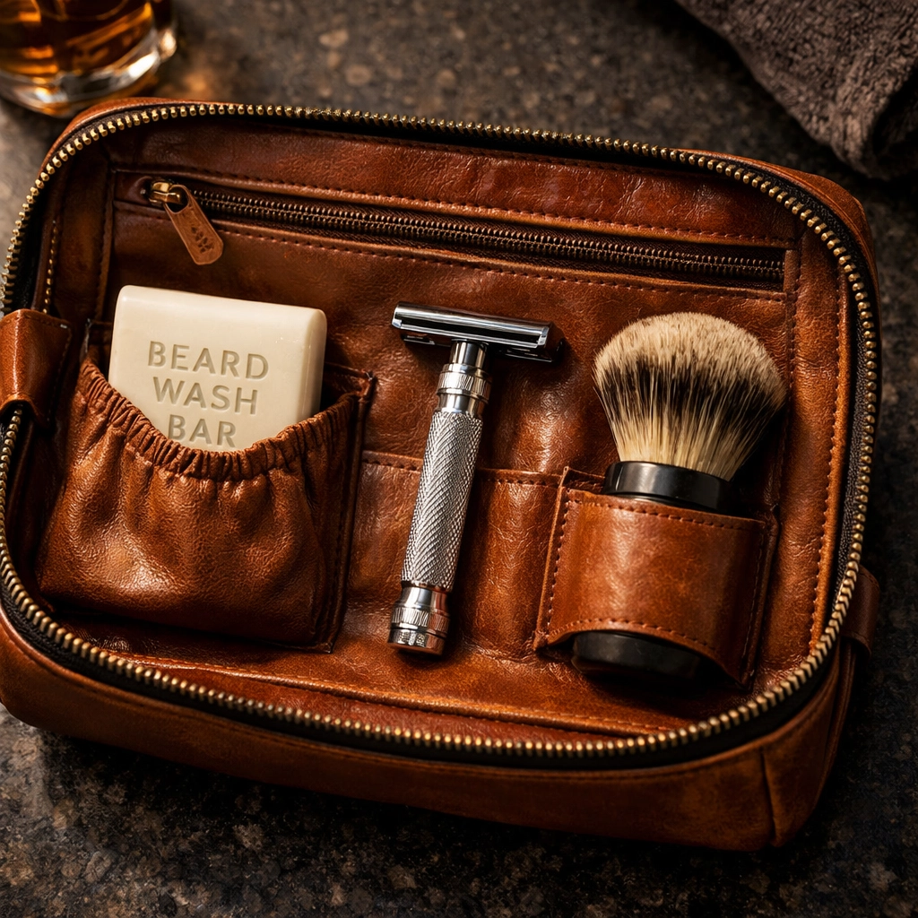 Portable solid beard wash bar tucked into a leather dopp kit for travel grooming.