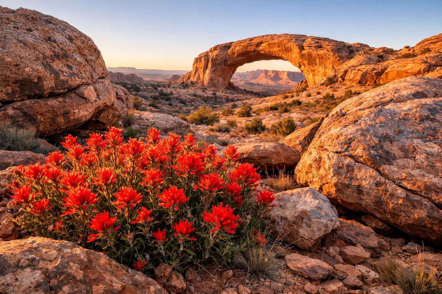 Wide-angle landscape photography showing foreground desert flowers and a sunset sandstone arch.