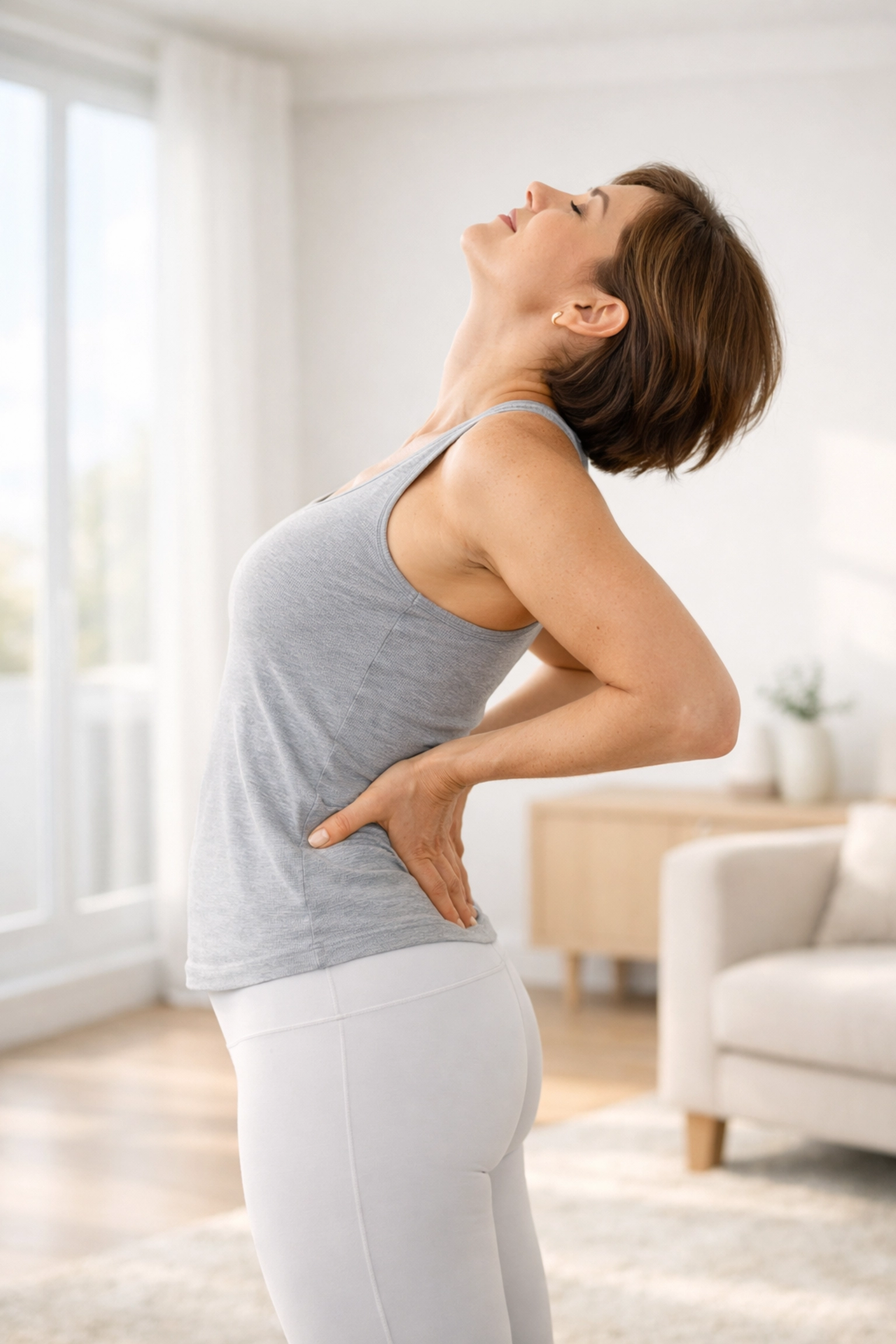 A person performing a standing back extension test as part of an at-home sciatica movement assessment.