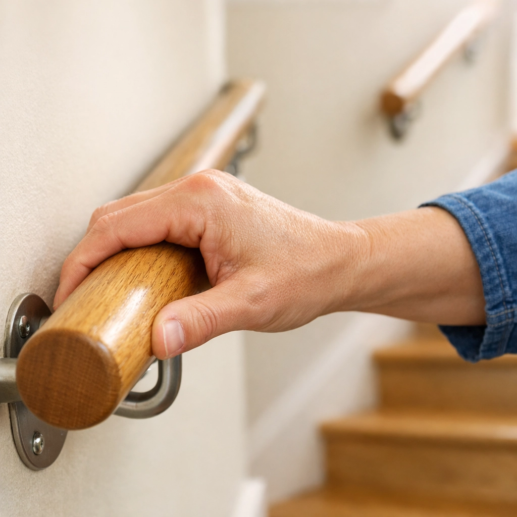 Close-up of a secure, graspable wooden handrail providing stair safety support.