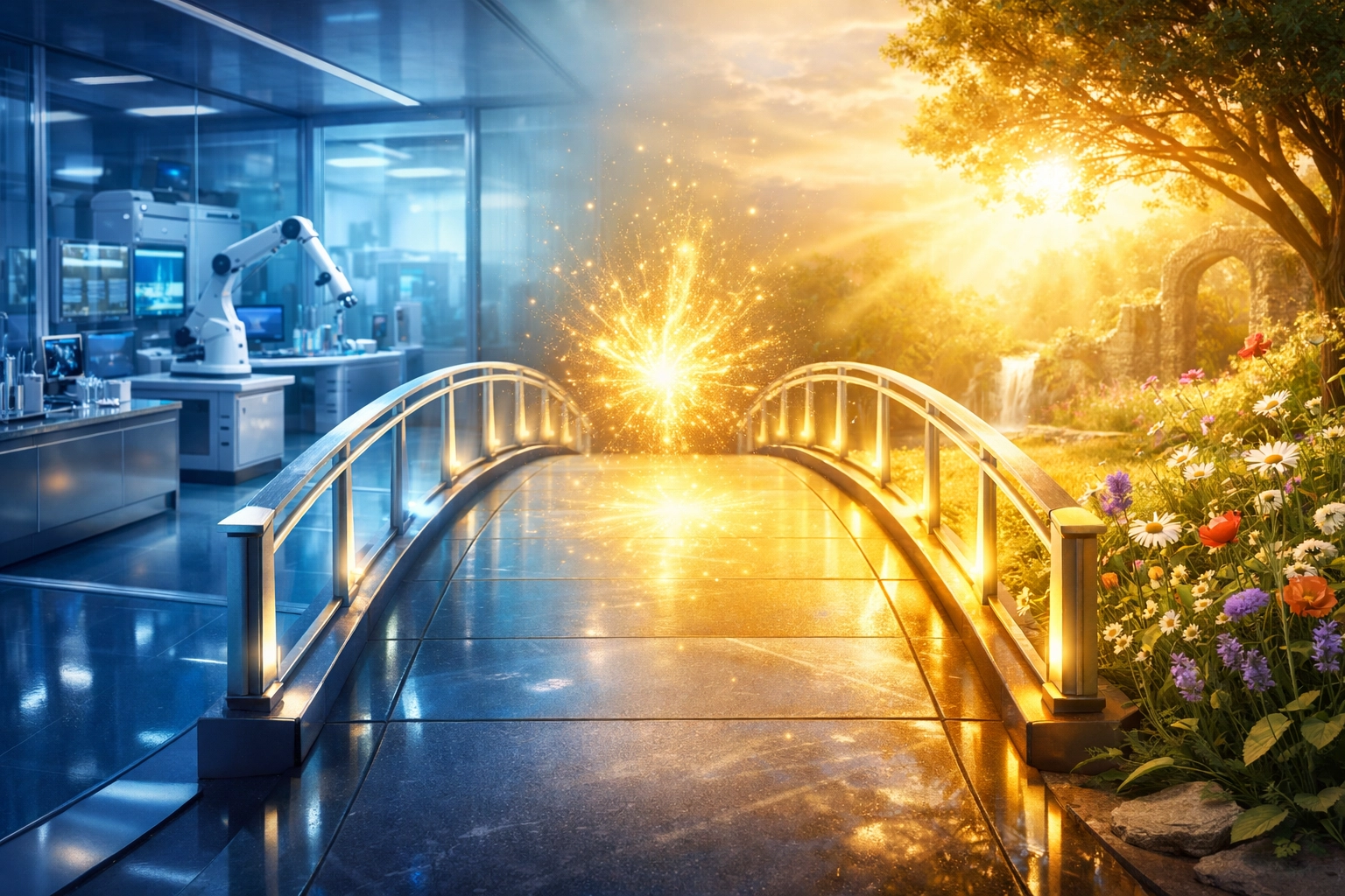 A glowing bridge connecting a modern laboratory and a natural garden, representing IVC fertility treatment.