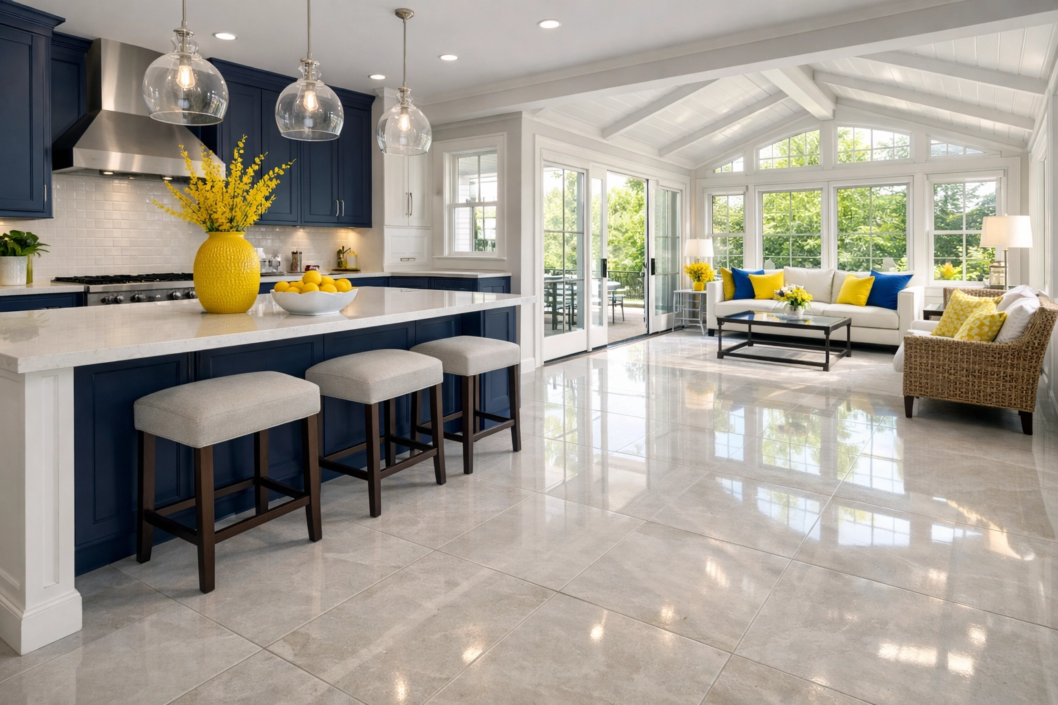 Spacious luxury kitchen featuring sparkling clean porcelain tile floors after a professional deep cleaning.