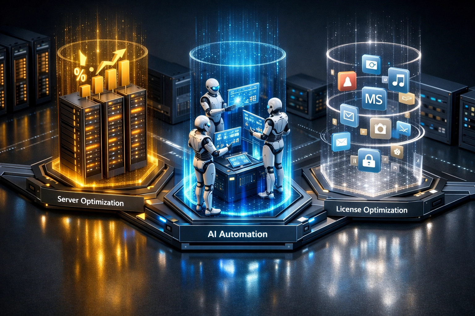Three pillars showing ServiceNow ITOM cost reduction categories: infrastructure optimization, operational efficiency, and license management