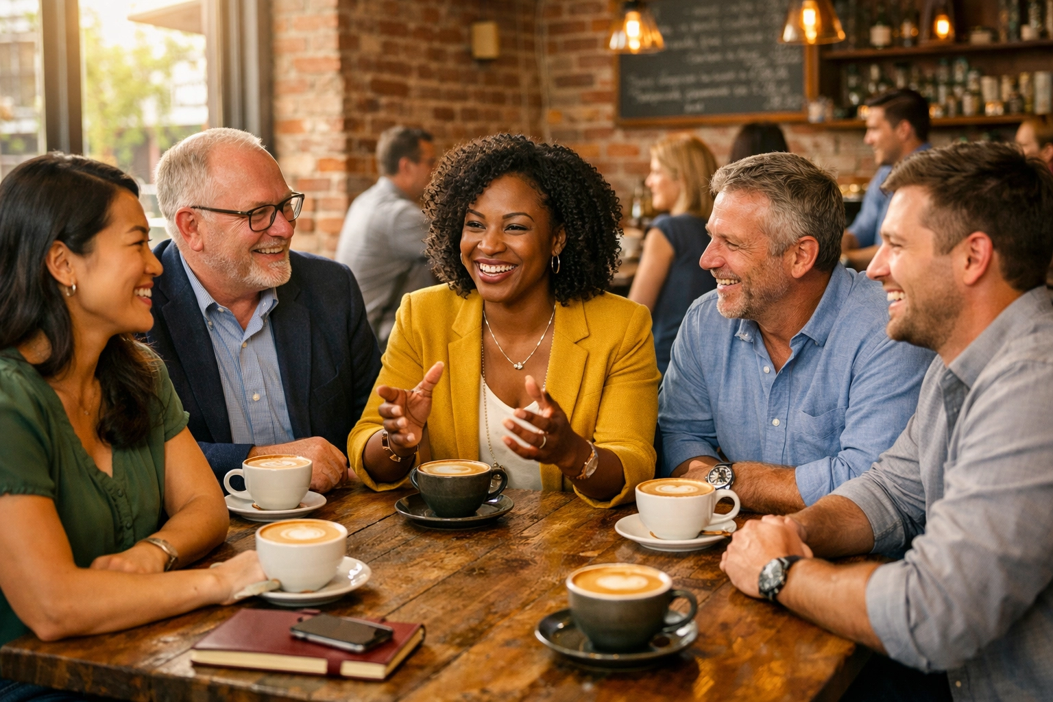 A local Omaha travel agent networking with professionals in a cozy coffee shop to build a referral business.
