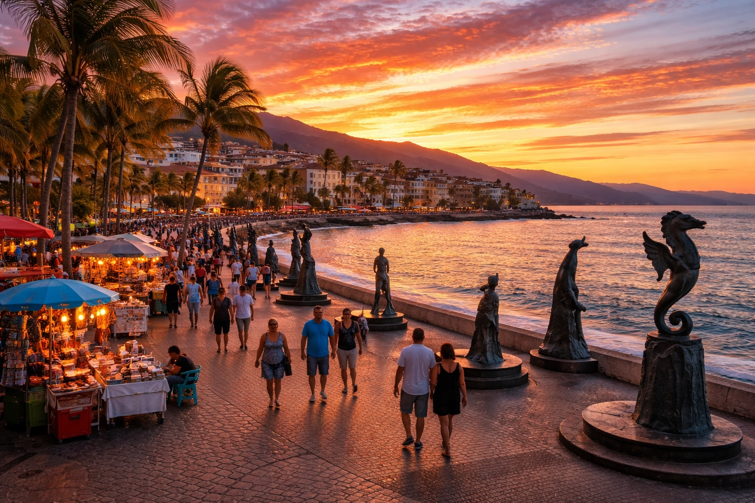 Golden hour sunset over Puerto Vallarta's Malecón with bay views, local sculptures, and Old Town buildings.