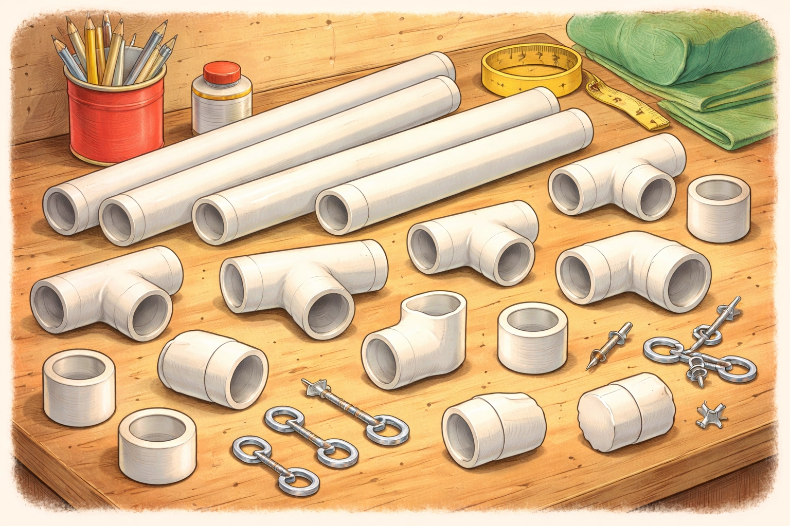 Vintage illustration of PVC pipes, connectors, and hardware laid out on a workbench for building a DIY plant light stand.