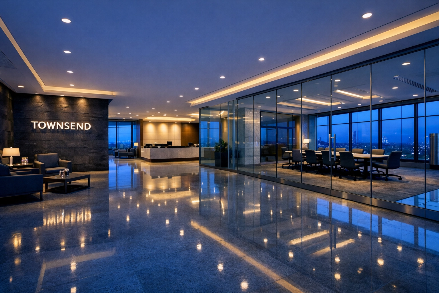 Immaculate corporate lobby in Townsend, MA, with polished floors from professional commercial cleaning.