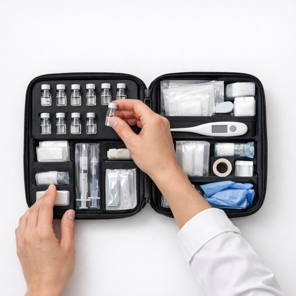 An organized medical kit with supplies for online weight loss treatment, demonstrating professional telehealth care.