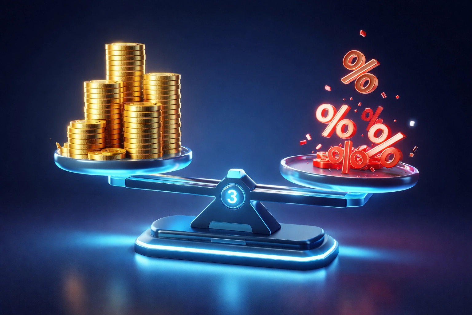 Digital scale balancing gold coins and percentage signs symbolizes crypto POS fee reduction and merchant savings.