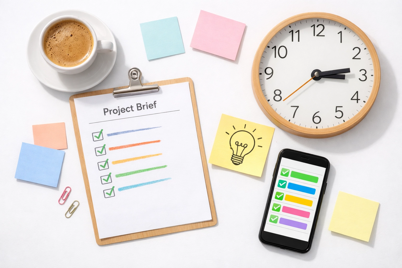 Overhead view of completed work tasks with coffee and notes showing productive outcomes not hours