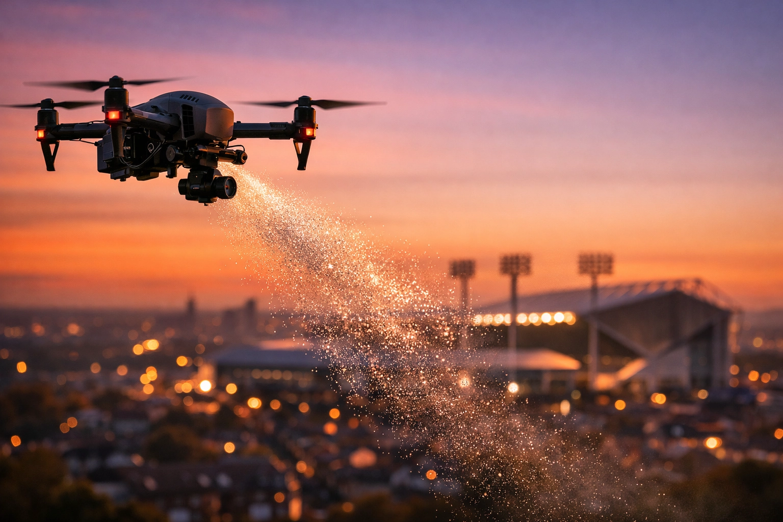 Dignified drone ash scattering ceremony near Elland Road stadium in Leeds during a sunset memorial.