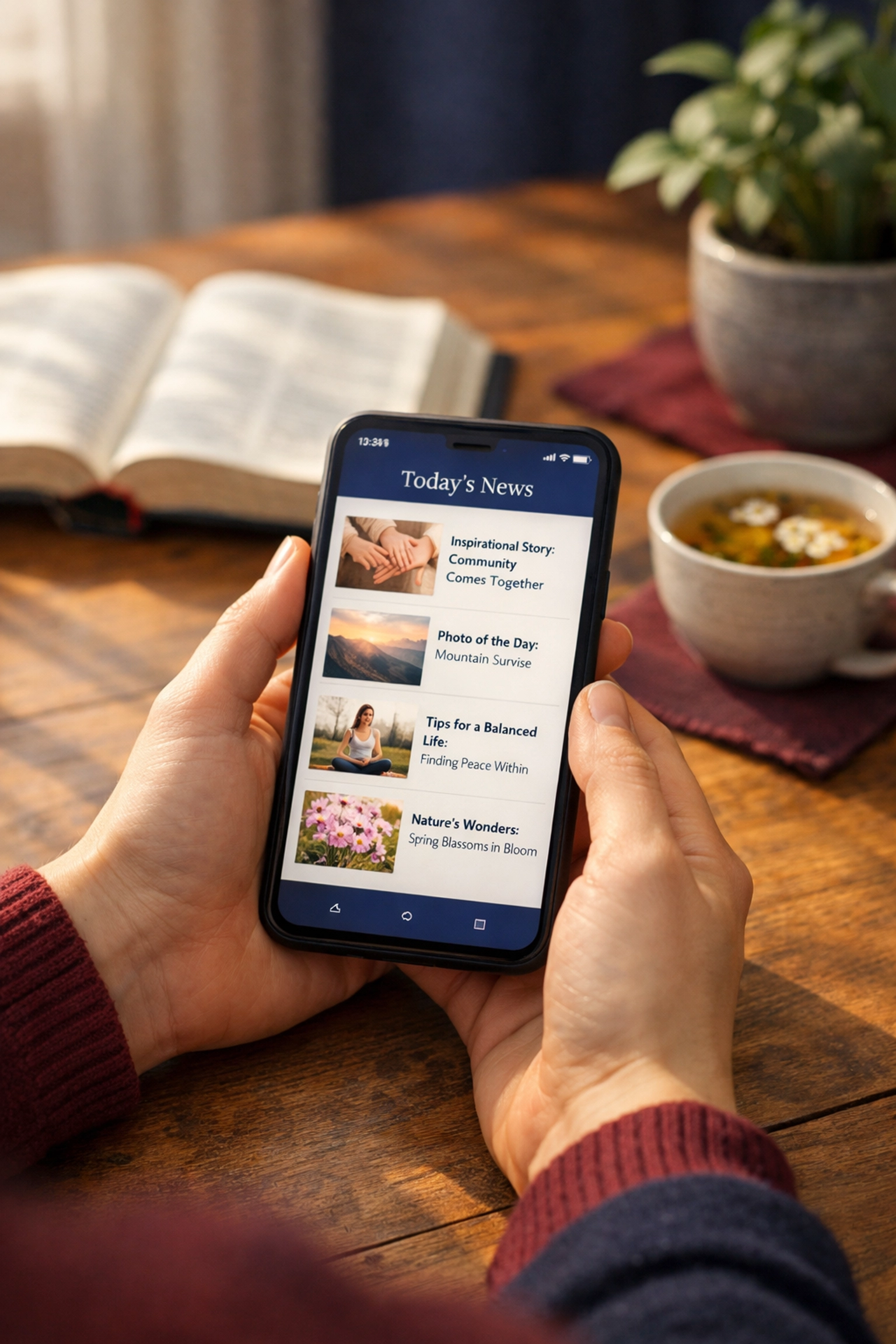 Hands holding smartphone with peaceful news feed next to Bible and tea