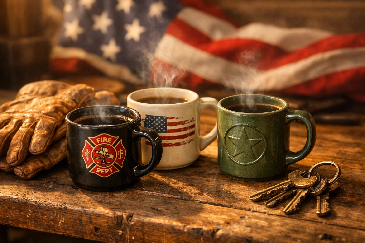 Steaming coffee mugs on a rustic workbench with patriotic symbols and work gear.
