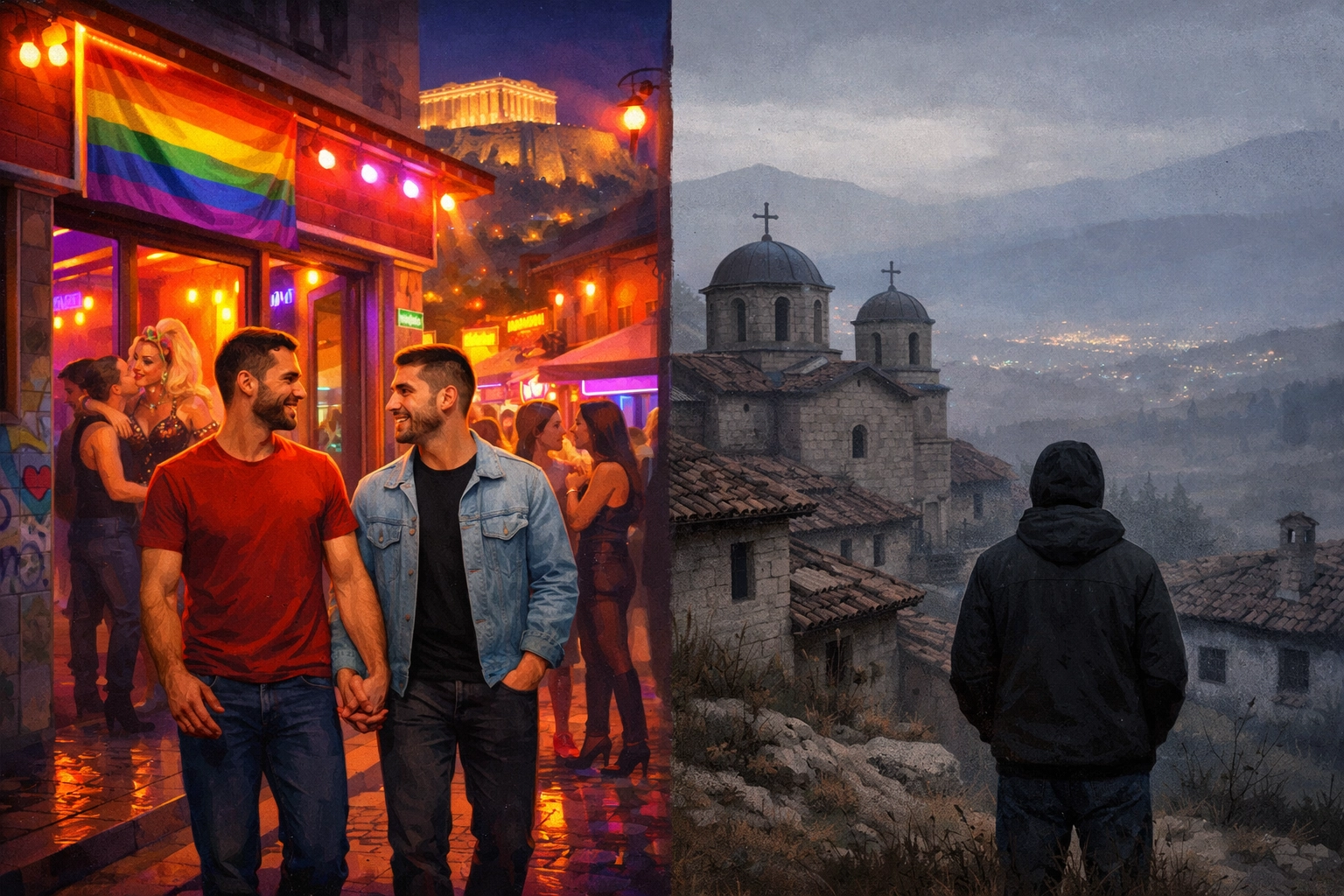 Urban Athens gay nightlife contrasted with traditional rural Greek village life