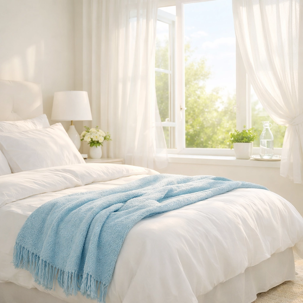 Dust-free bedroom with fresh linens in a Wayland residence, perfect for a healthy move-in.