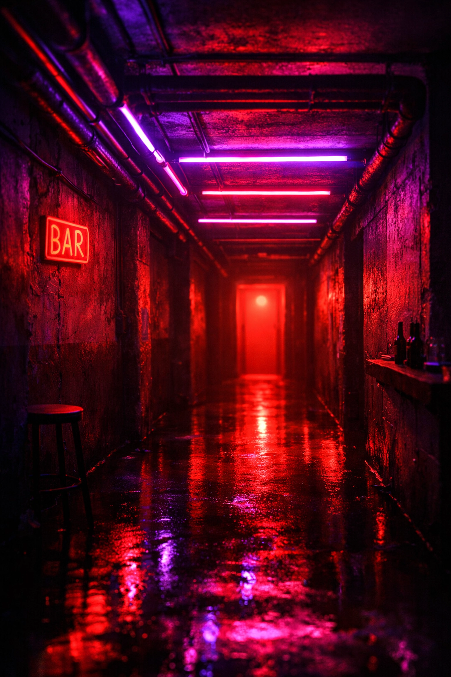 Neon-lit basement corridor of gay cruising bar with industrial architecture and moody lighting