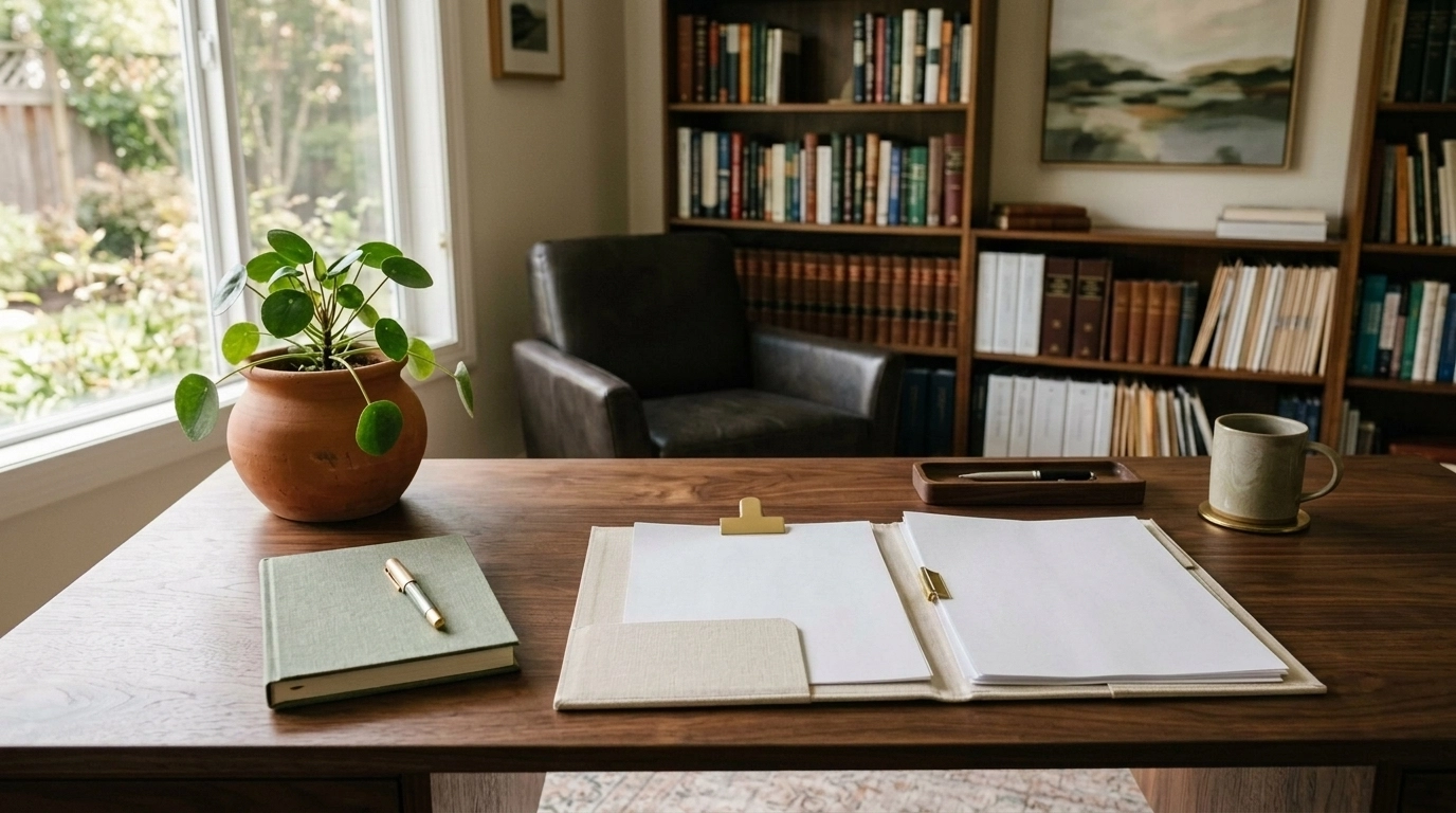 Refined private law office desk with neatly arranged financial documents and premium business boho styling.