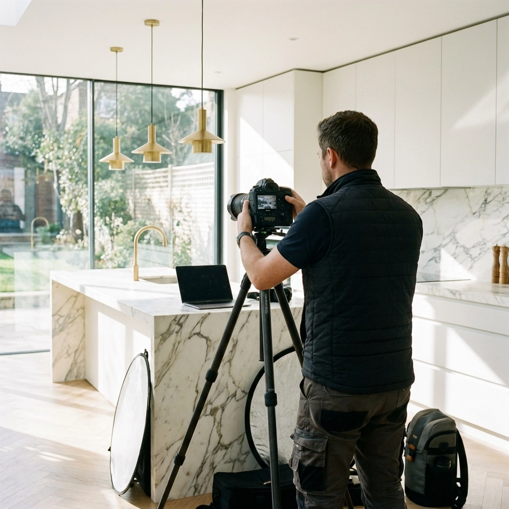 Real estate photographer capturing a modern kitchen, highlighting the importance of professional home photography.