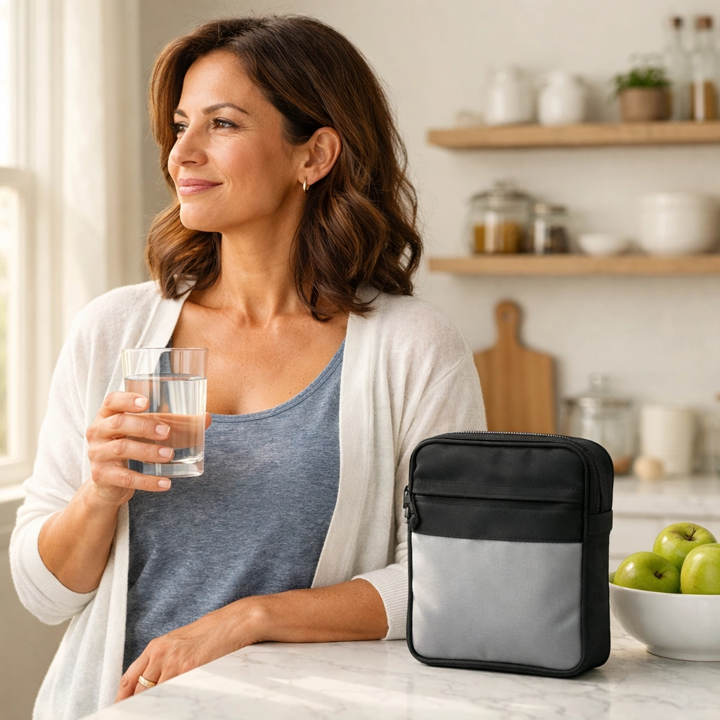 Healthy woman in a bright kitchen starting her Wegovy weight loss journey with clinical supervision.