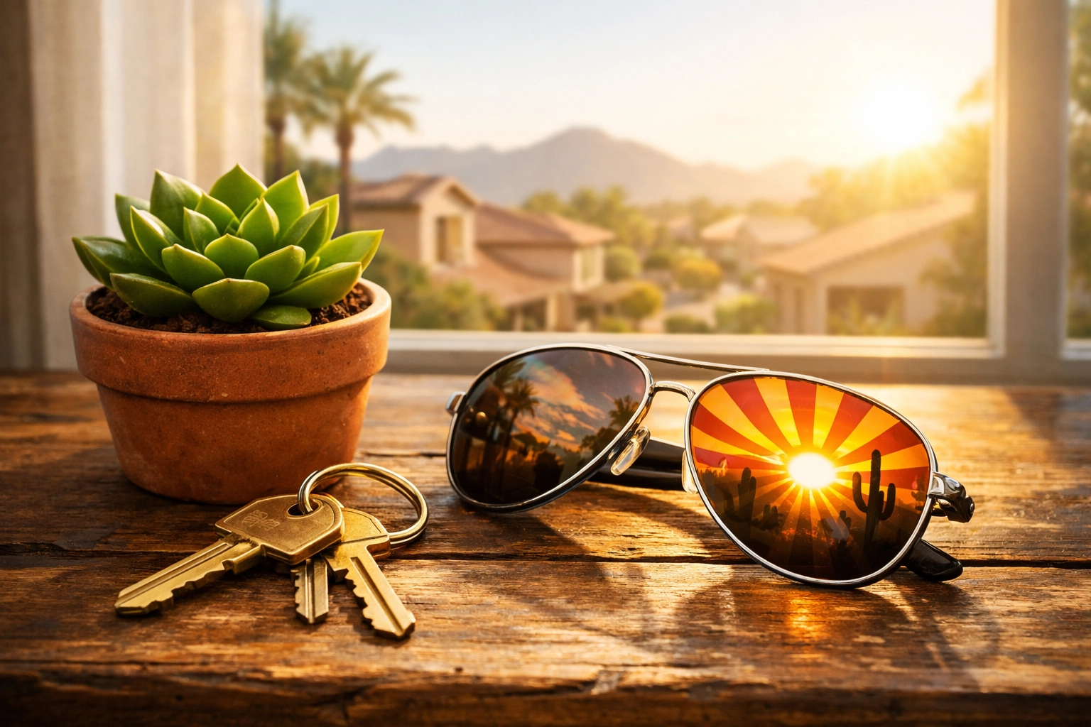 House keys overlooking a Phoenix neighborhood, symbolizing veteran home ownership and tax relief.