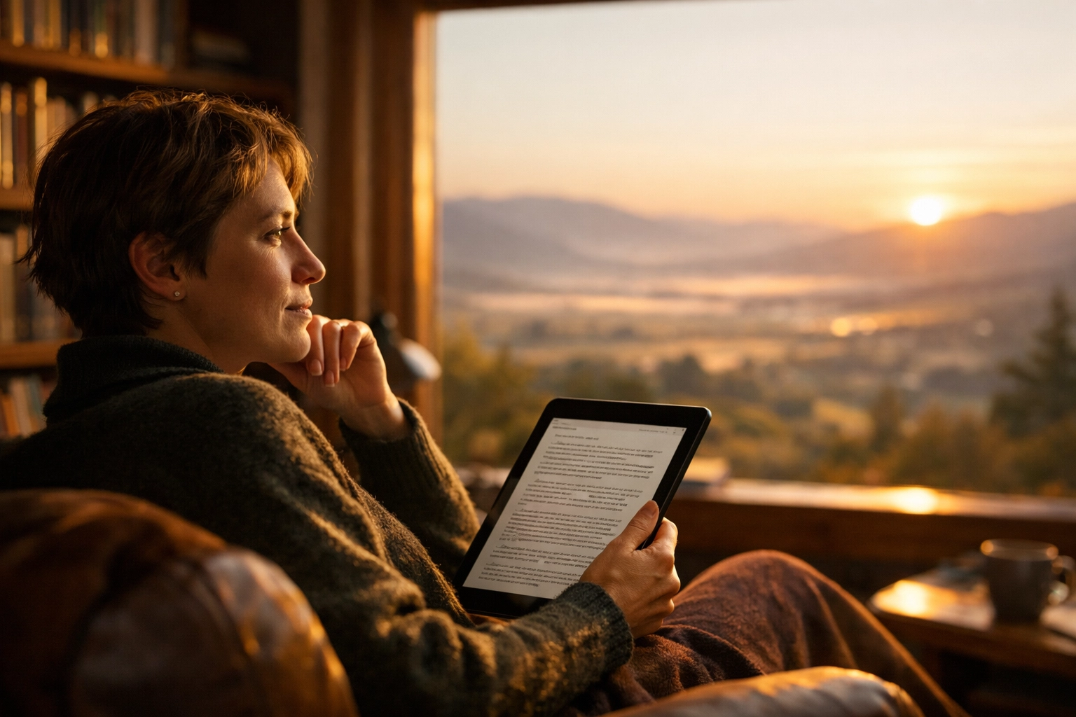 Person reading full news context on a tablet in a peaceful library at sunrise.