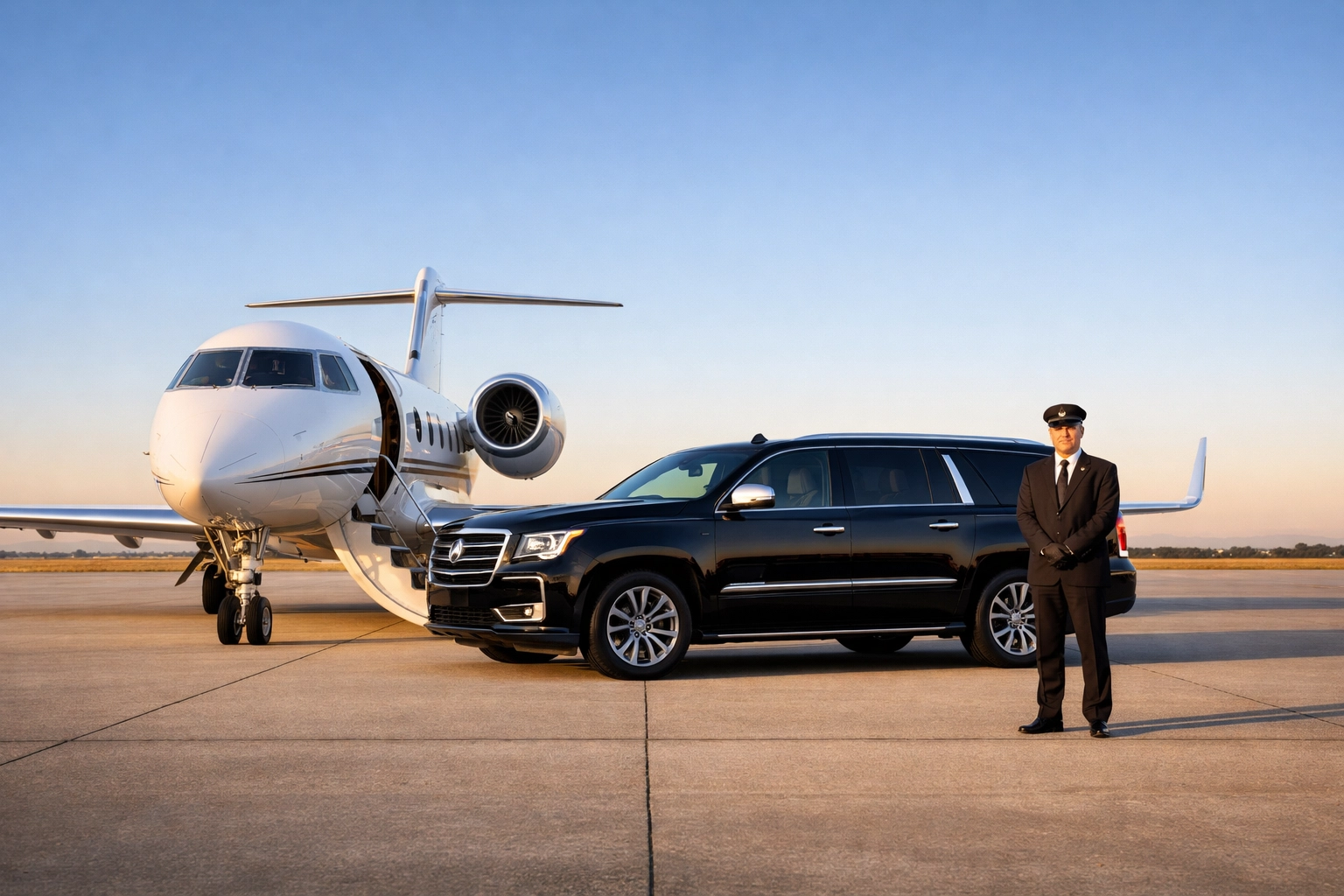 The Ultimate Guide to Super Bowl Brand Presence: Everything You Need to Succeed in the Corporate Branding Blitz Private jet and luxury black SUV on a tarmac showcasing flawless Super Bowl executive travel logistics.