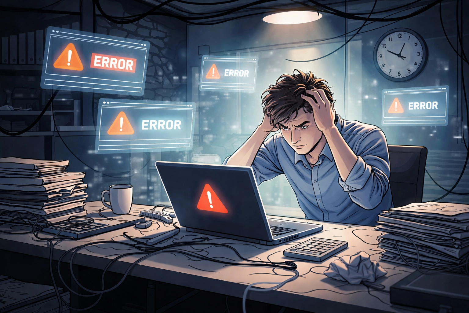Small business owner overwhelmed by IT problems and error messages at their desk