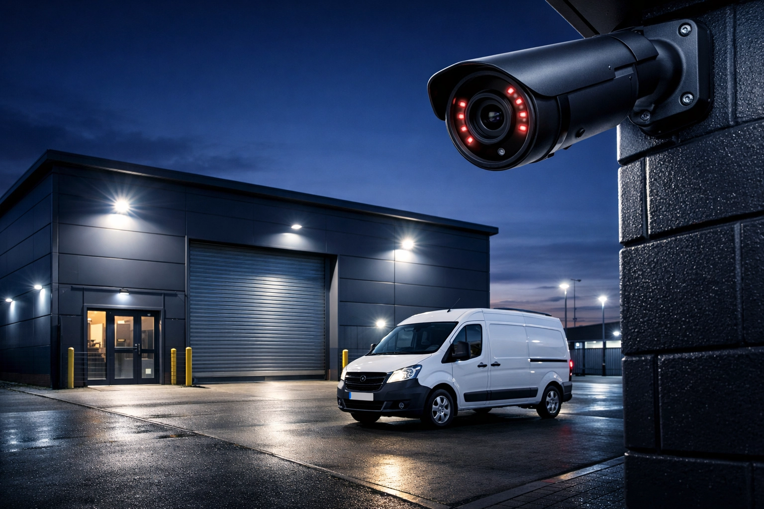 Commercial bullet camera and security lighting protecting a business unit in a Banbury industrial estate.
