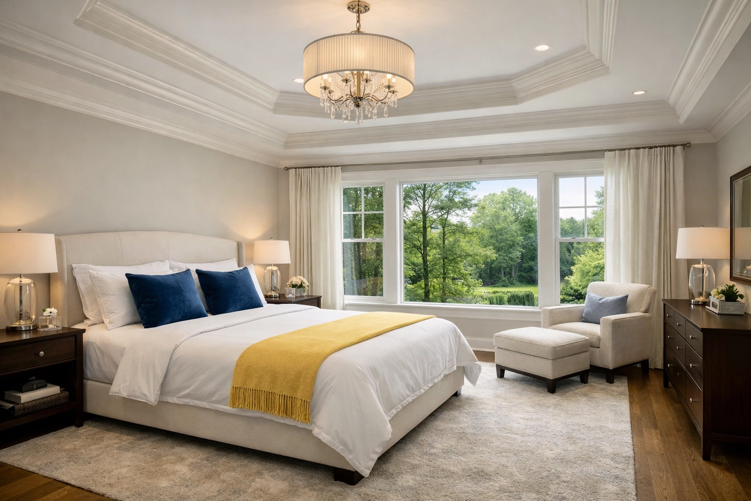 Luxury house cleaning Weston MA: A serene and perfectly organized master suite in a high-end residence.