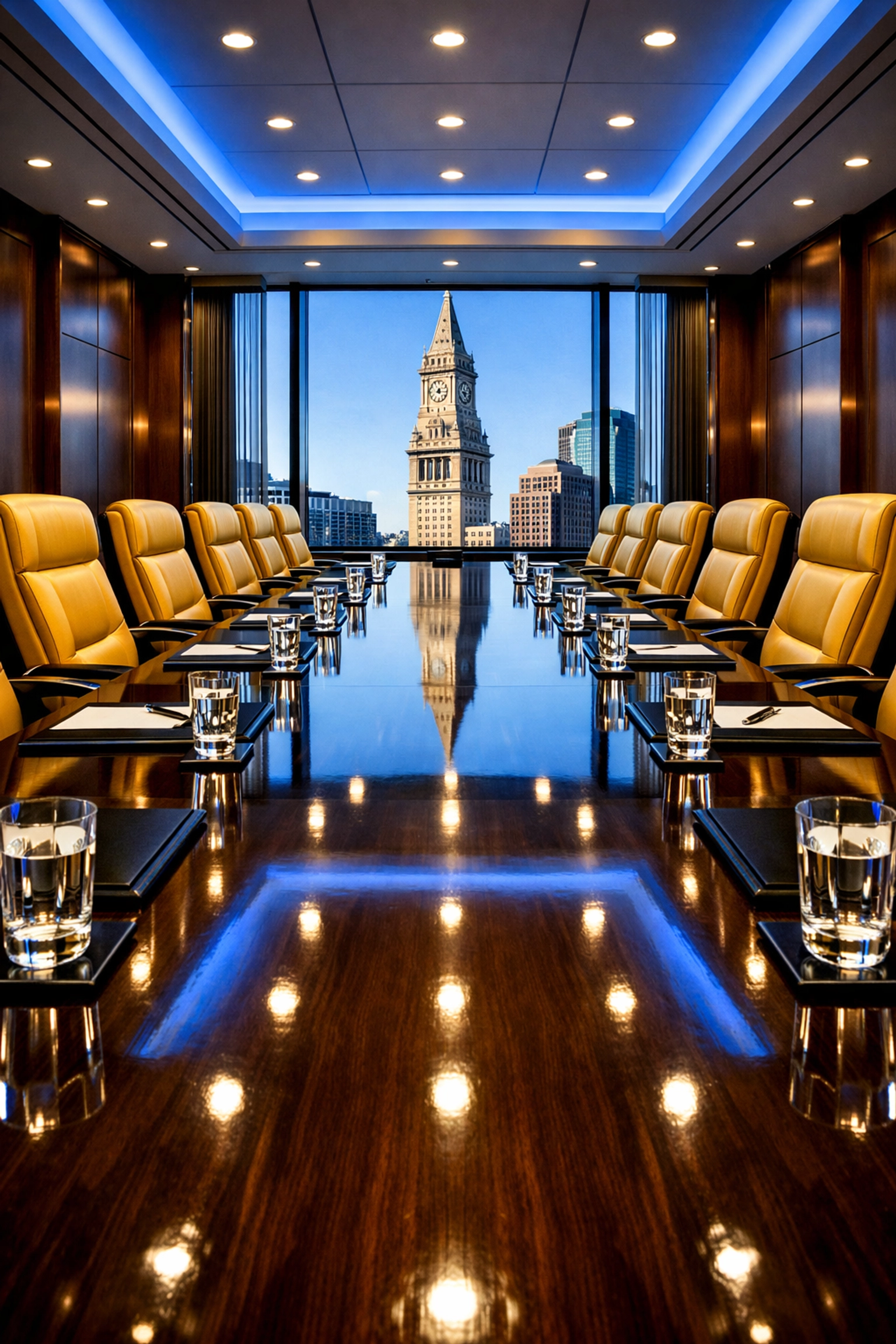 Sparkling executive boardroom with a Boston skyline view after a deep commercial cleaning service.