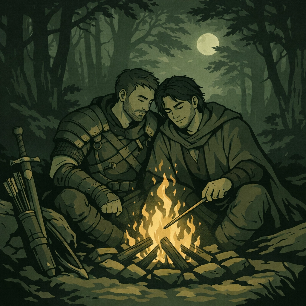 Gay fantasy romance couple by campfire - intimate witcher story scene
