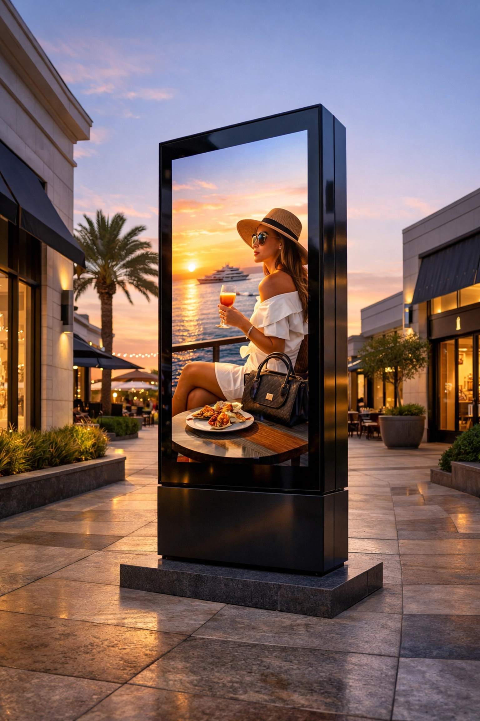 A premium digital advertising pylon in an outdoor shopping area demonstrates effective programmatic DOOH targeting.