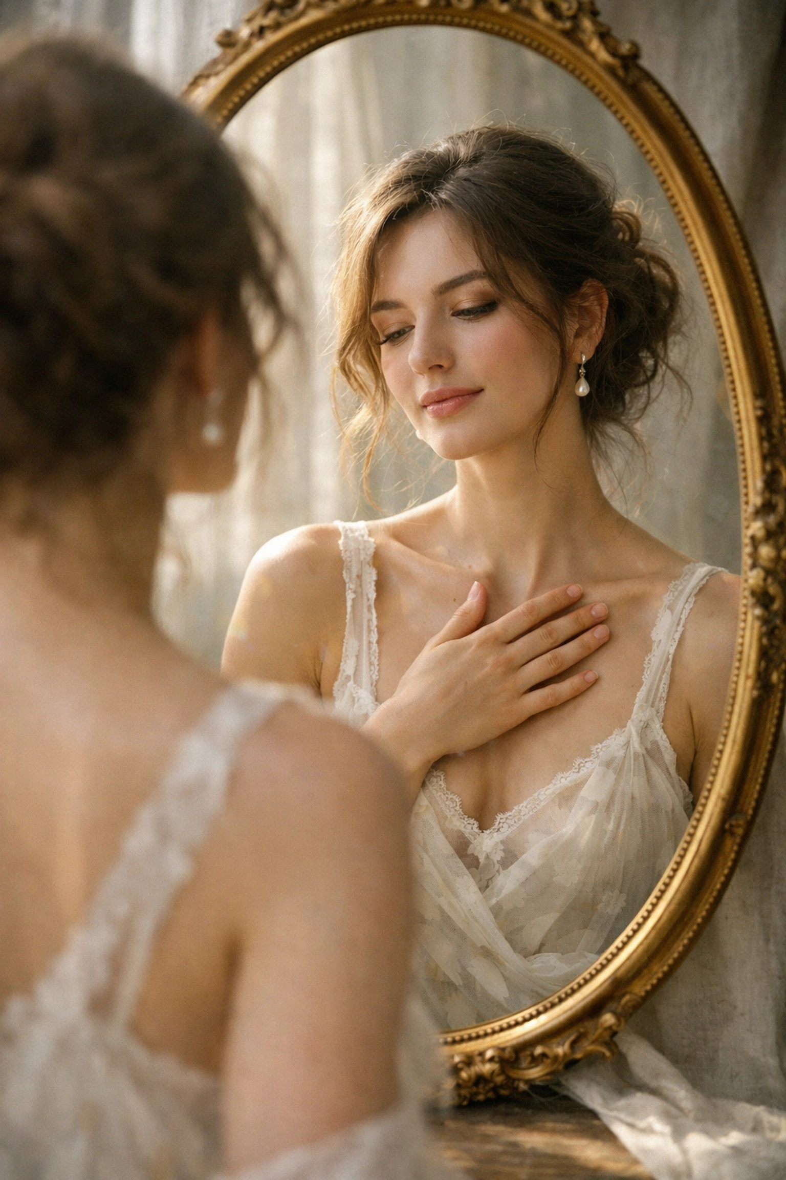 A woman looking in a mirror with self-acceptance, internalizing her success and building professional confidence.