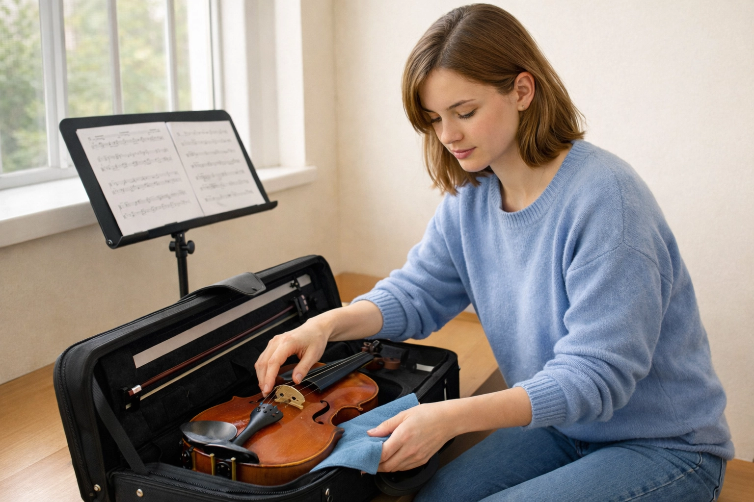 University music student carefully storing violin in case in a bright practice room