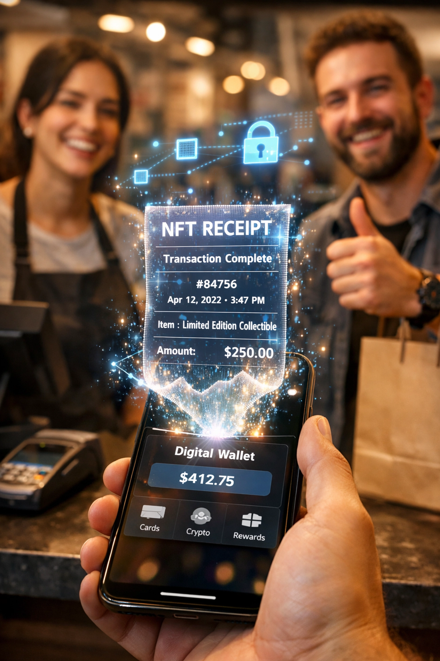Customer receiving instant NFT receipt on smartphone during crypto payment at retail checkout