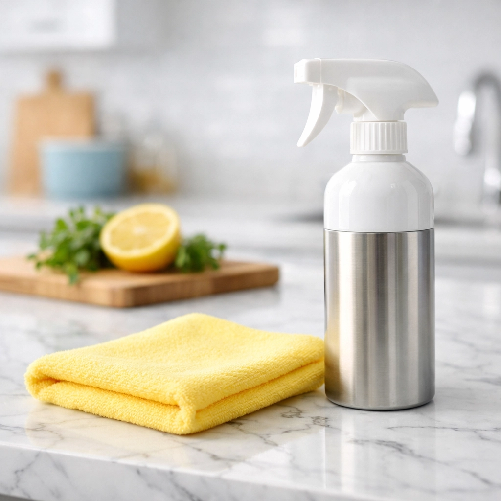 Professional eco-friendly residential cleaning in Massachusetts using non-toxic supplies in a modern Westford kitchen.