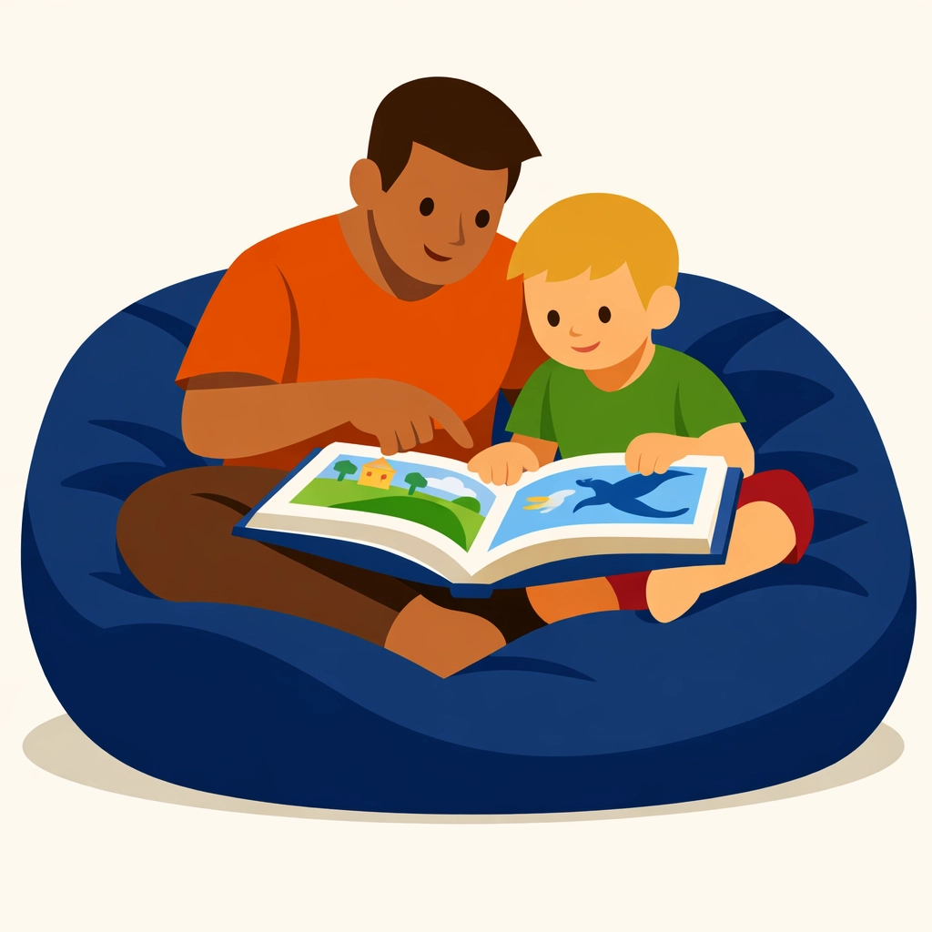 A father and child reading a physical book together to build strong family bonds and faith.