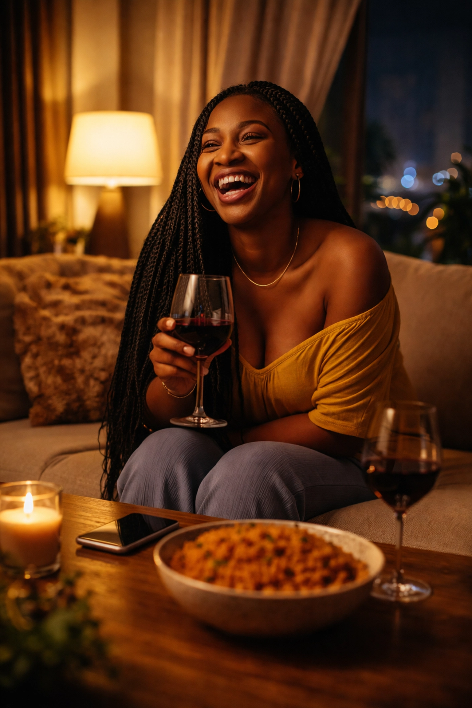 Nigerian woman with long braids laughing on a sofa, enjoying wine and quality friendship over a crowded party.