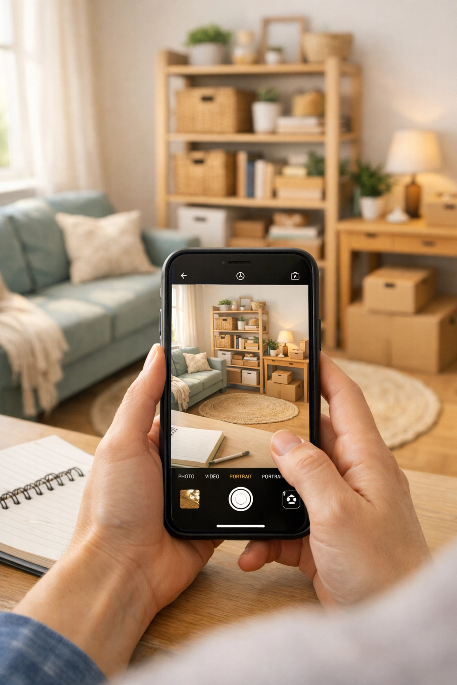 Homeowner documenting property with smartphone for home inventory and insurance claim preparation