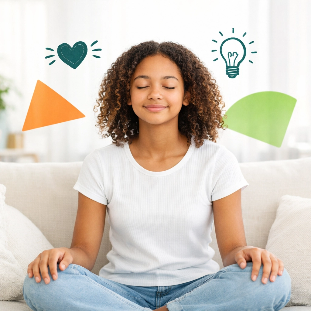 A serene teenage girl demonstrating emotional intelligence and self-regulation in a bright, modern setting.