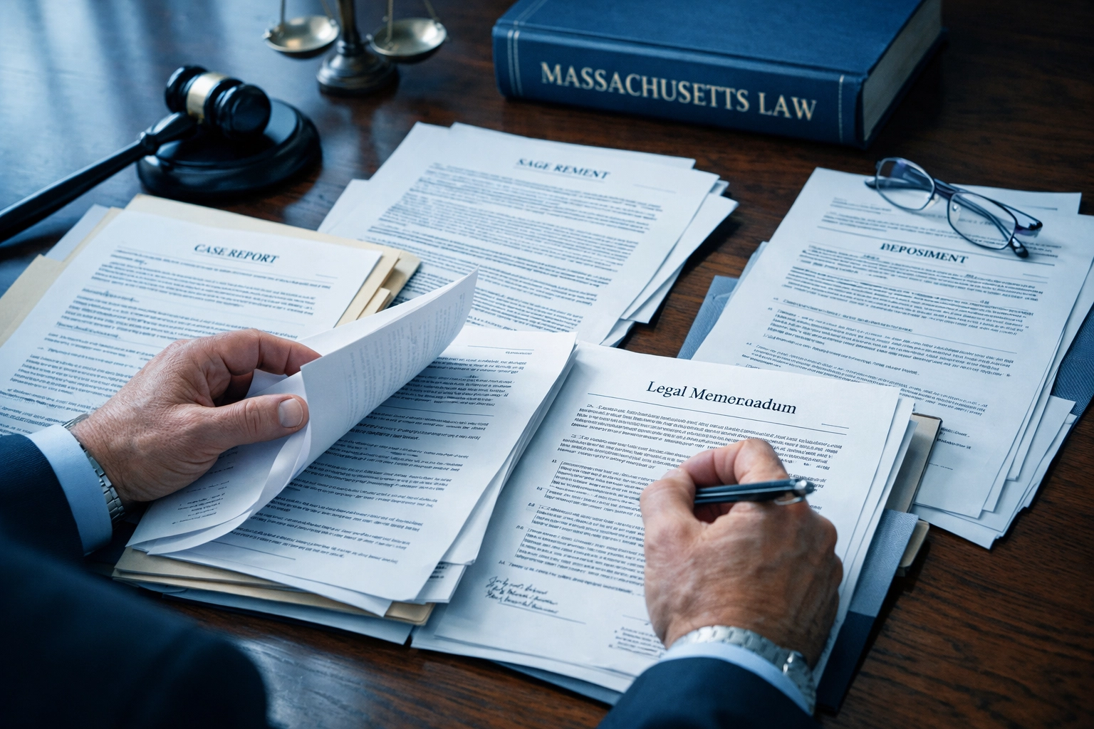 Boston personal injury lawyer reviewing legal documents and case files