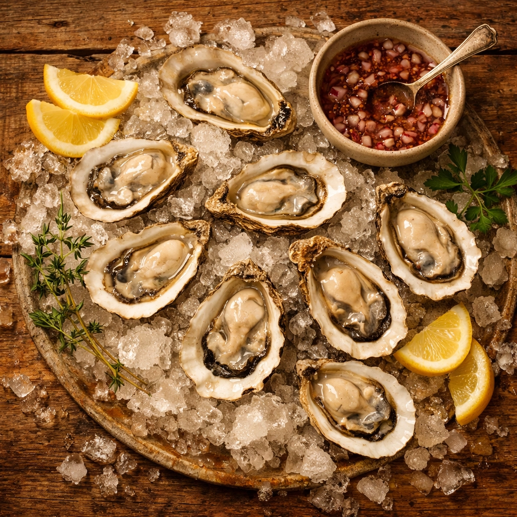 Fresh Pacific Northwest oysters on ice with mignonette sauce and lemon
