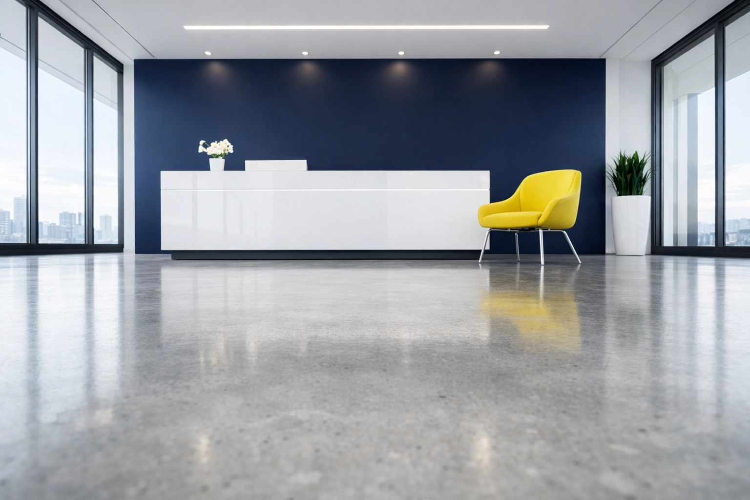 Modern corporate reception area with a polished floor and minimalist desk, perfectly cleaned and organized.