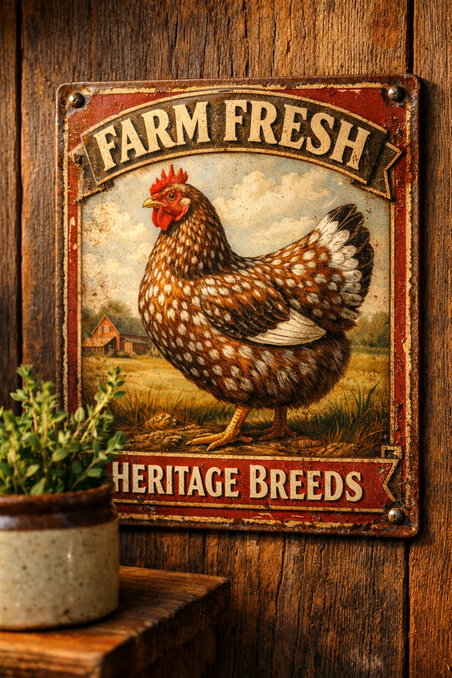 Artisan chicken tin sign on rustic wood, a unique handmade gift designed for lasting farmhouse home decor.
