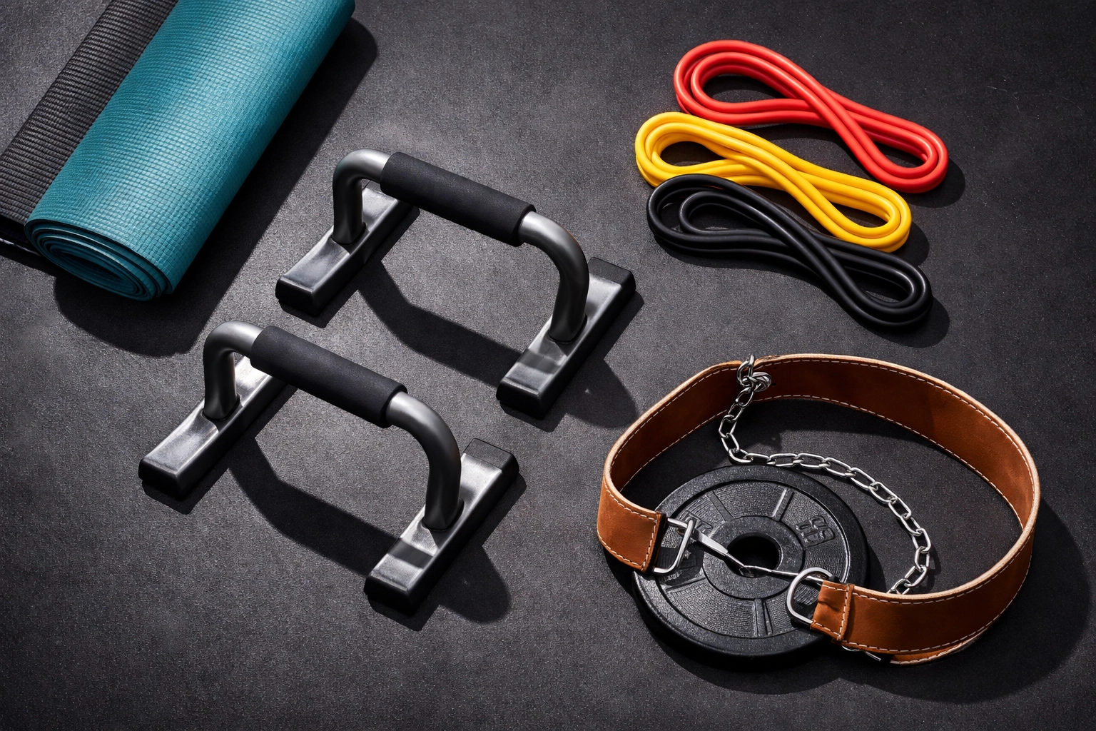 Flat-lay of calisthenics equipment including parallettes, resistance bands, mat, and dip belt for versatile home workouts