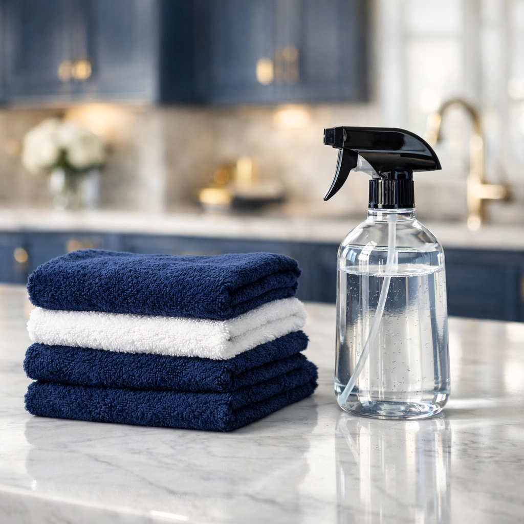 Eco-friendly cleaning products on a kitchen island, representing high standards for a maid service in Cambridge.
