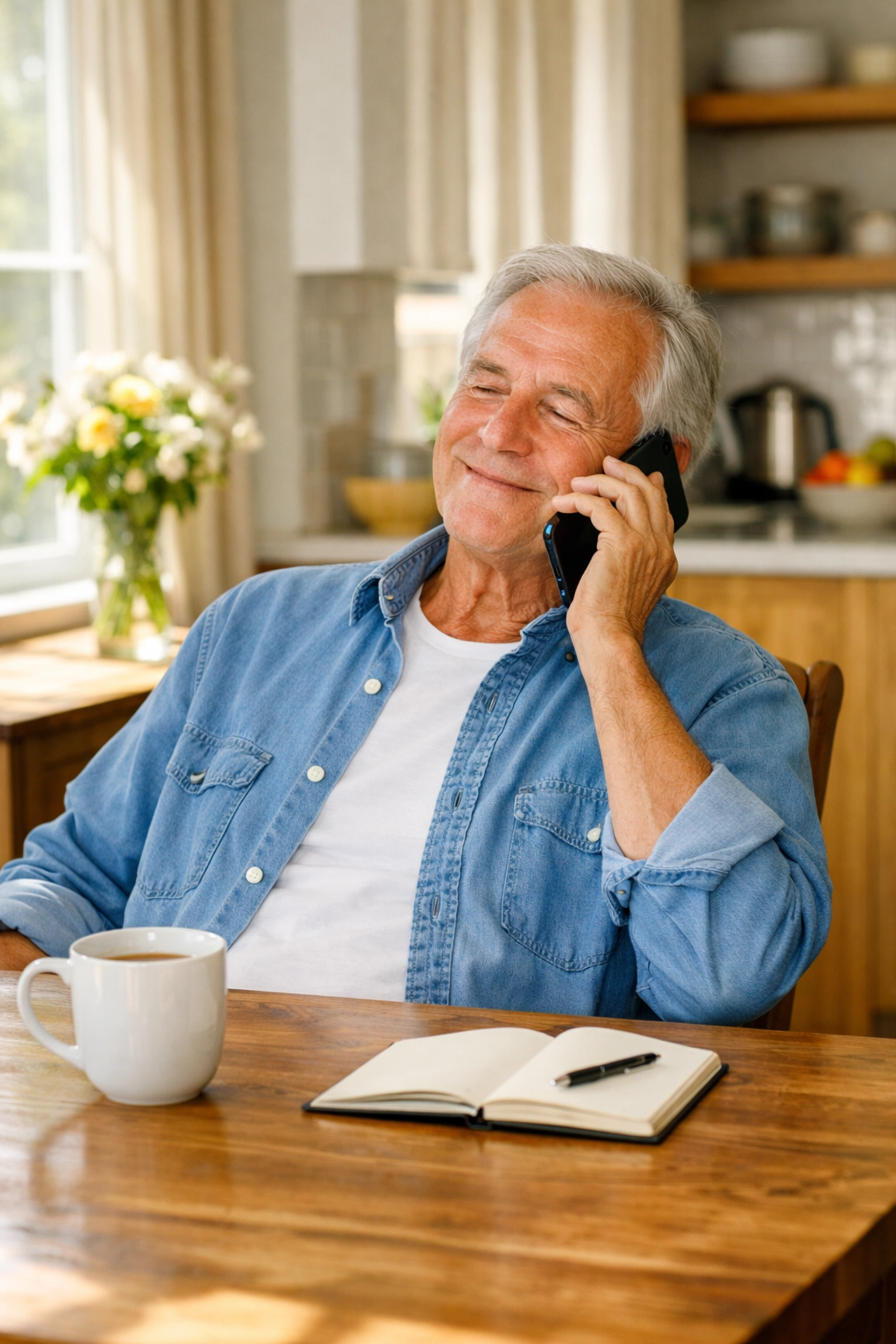 A relaxed senior applying for no medical exam life insurance over the phone from his kitchen table.